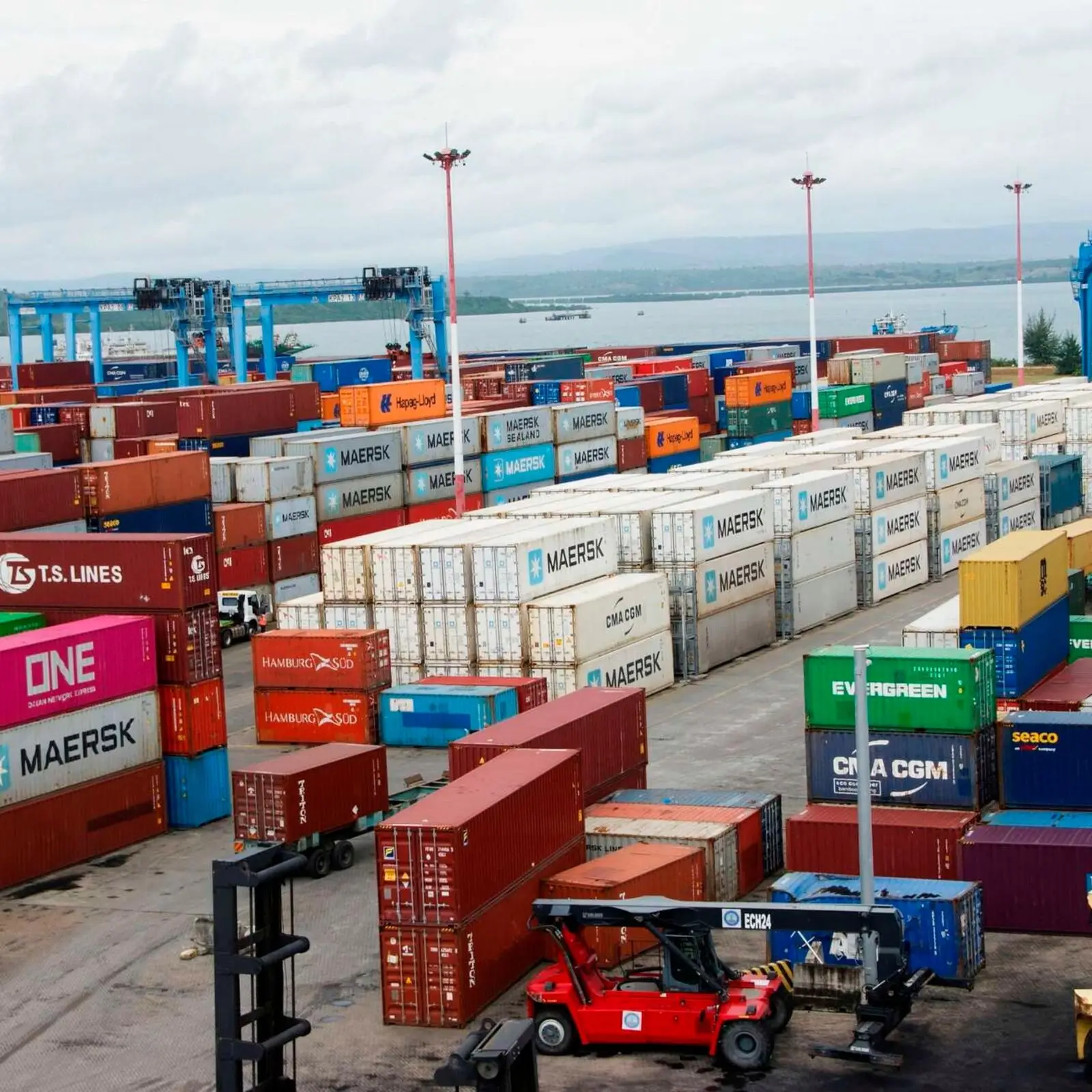 Container yard with stacked containers